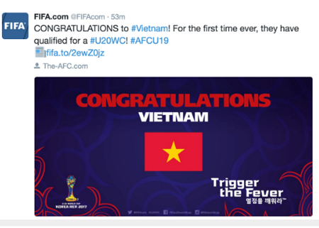 FIFA chúc mừng cột mốc lịch sử với bóng đá Việt Nam.
